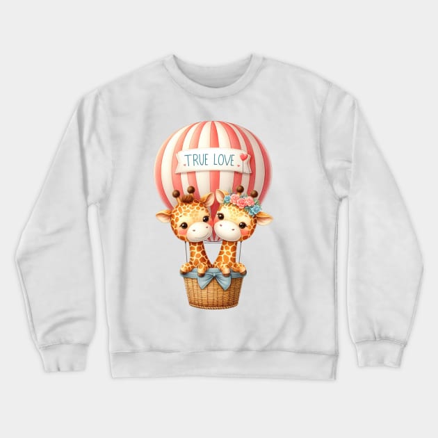 Valentine Giraffe Couple On Hot Air Balloon Crewneck Sweatshirt by Chromatic Fusion Studio